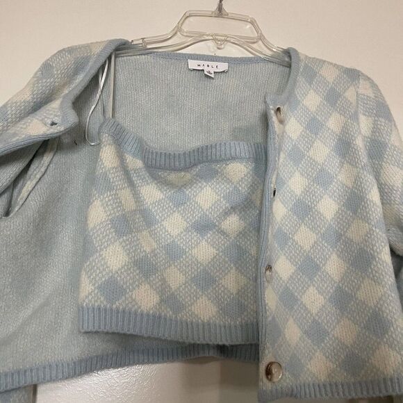MABLE Blue Cropped Blue diamond knit Cardigan strapless 2pc set size Small - Picture 2 of 5
